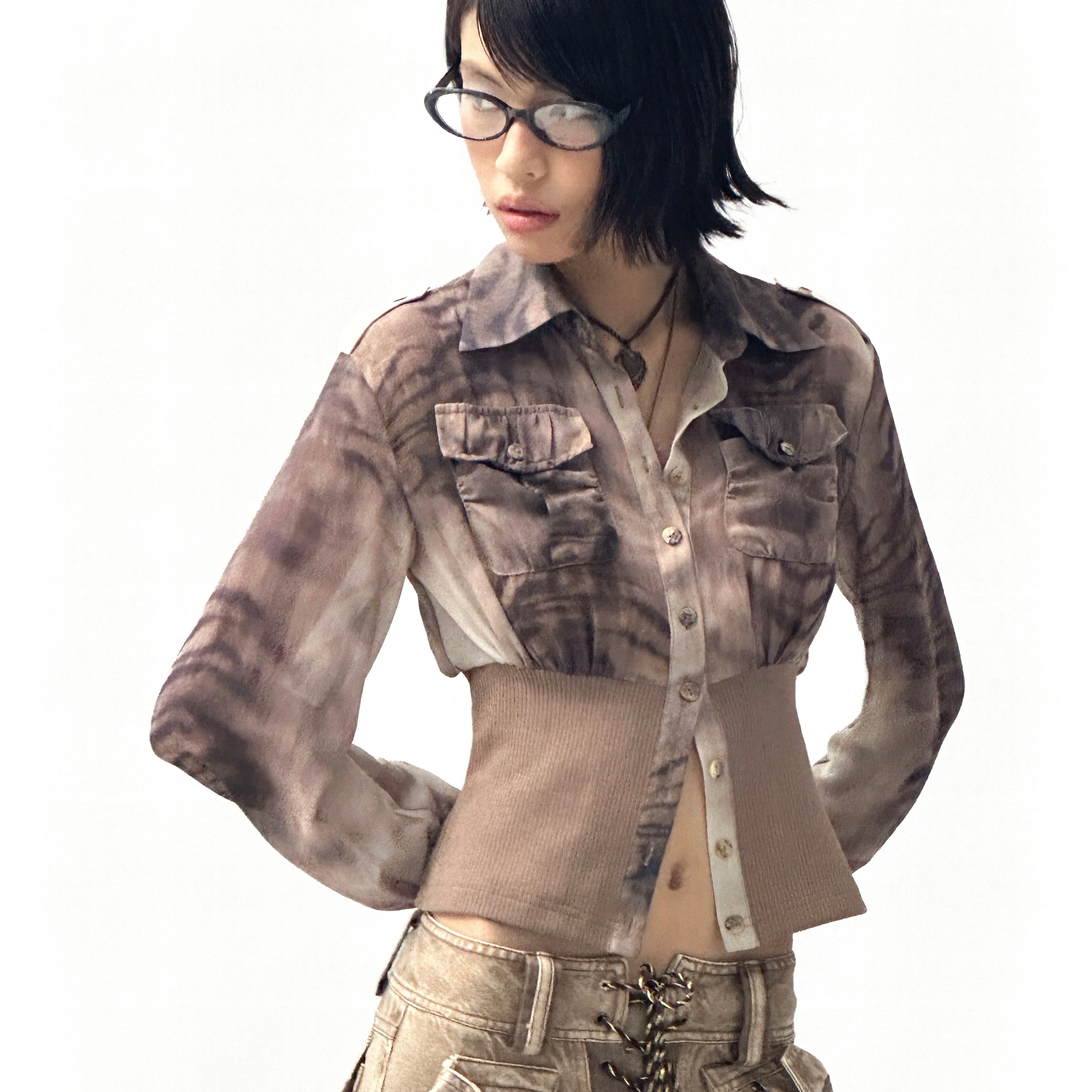 Flowers birds Market Tiger Print Slim Tie Dye Chiffon Long Sleeve Shirt