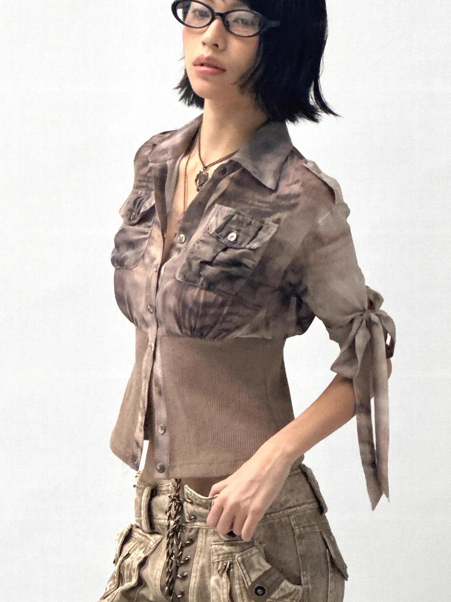 Tiger Print Slim Tie Dye Chiffon Long Sleeve Shirt