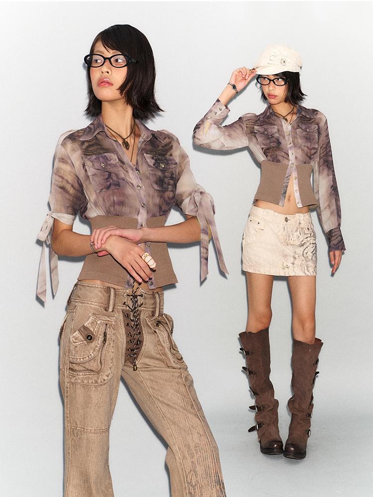 Flowers birds Market Tiger Print Tie-Dyed Chiffon Shirt