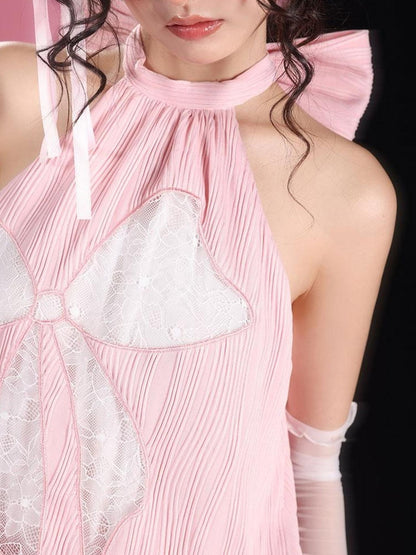 WSW WUSHENWU Tom Dream Cat Pink Lace Bow Tie Bustier Dress