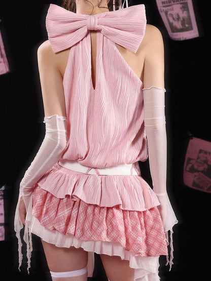 WSW WUSHENWU Tom Dream Cat Pink Lace Bow Tie Bustier Dress