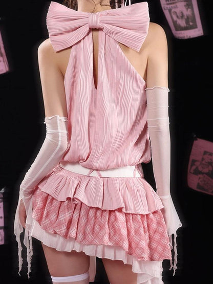 WSW WUSHENWU Tom Dream Cat Pink Lace Bow Tie Bustier Dress