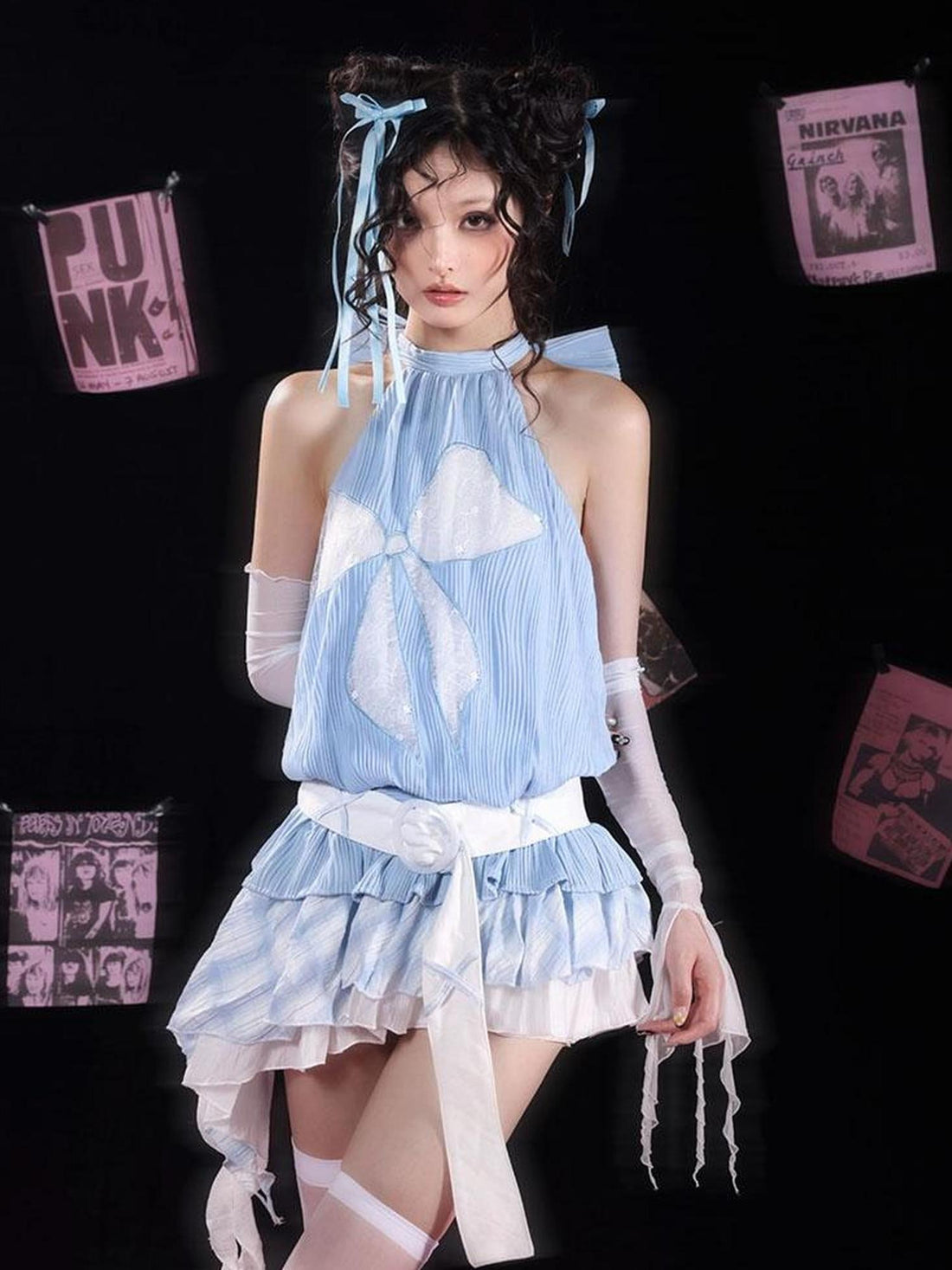 WSW WUSHENWU Tom S Dreamy Blue Bow Trim Lace Sundress