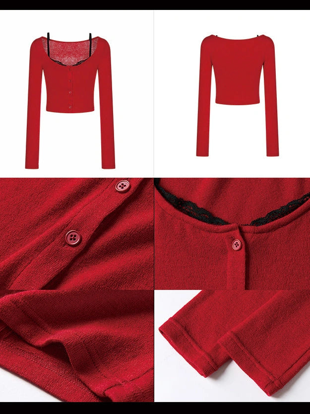 Red Lace Long Sleeve Knit With Asymmetric Pencil Skirt Set