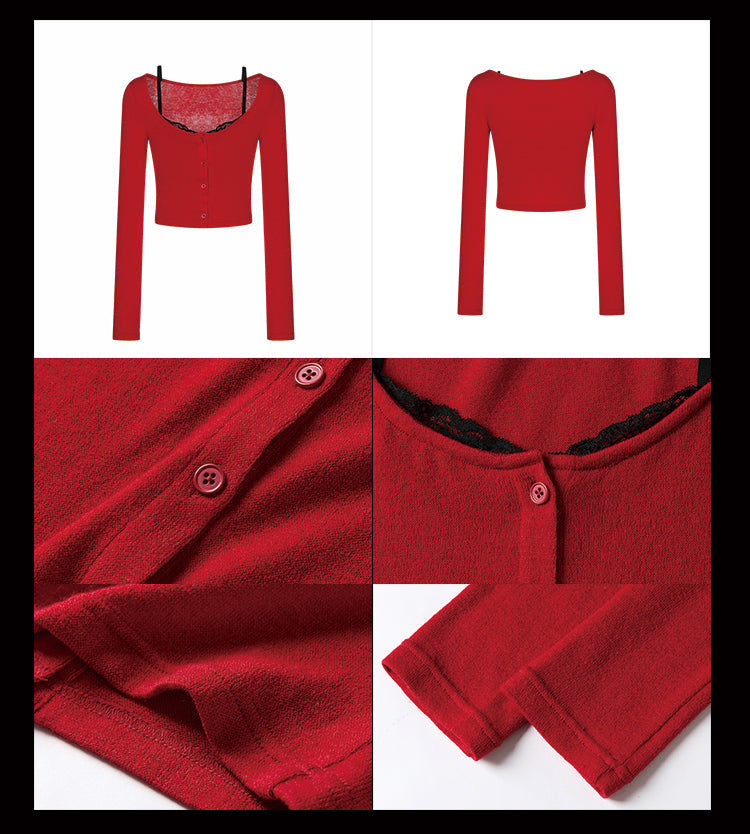 Update Anti Being General Red Lace Long Sleeve Knit With Asymmetric Pencil Skirt Set