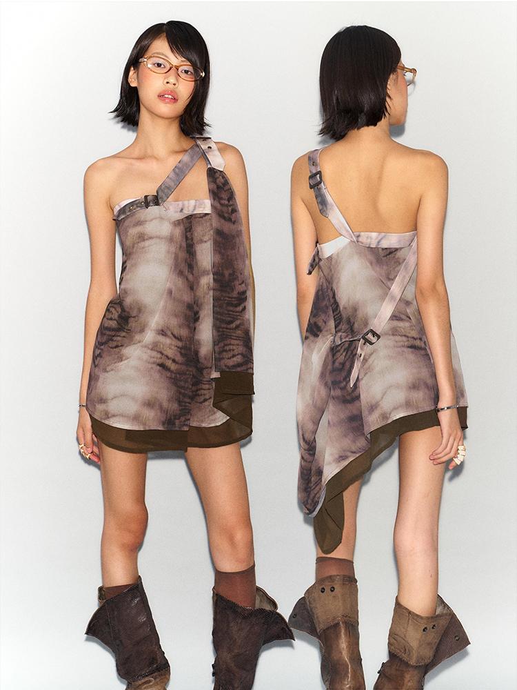 Flowers birds Market Transformed Tiger Print Silk Tube Top