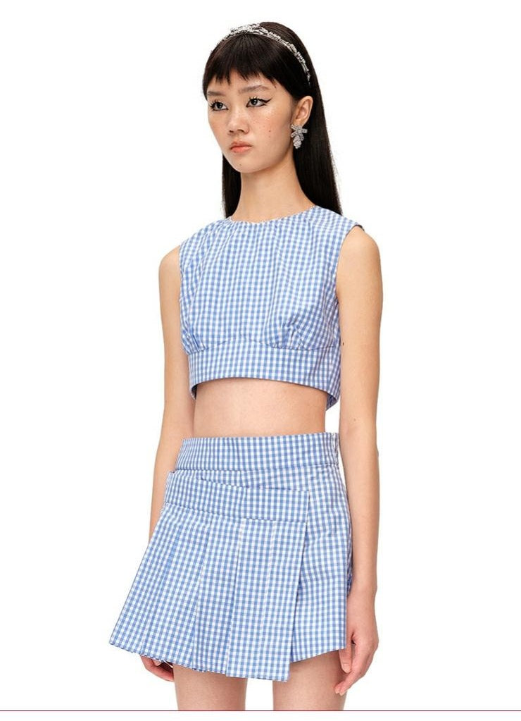 Trendy Cut-Out Plaid Print Sleeveless Crop Top