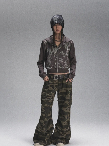 Tri Color Printed Knit Rolled Brim Slouchy Beanie