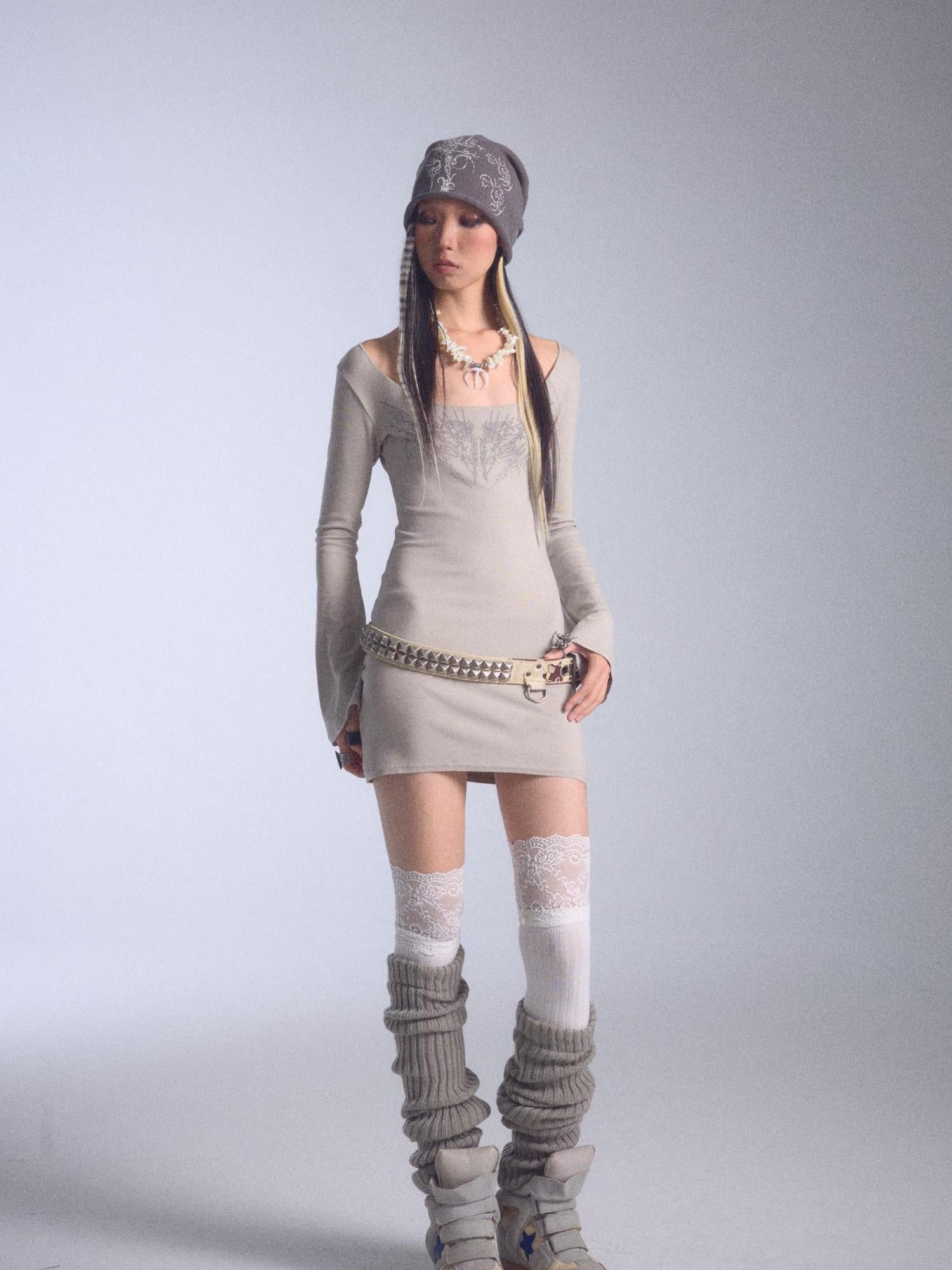 NONAME SPACE Tri Color Printed Knit Rolled Brim Slouchy Beanie