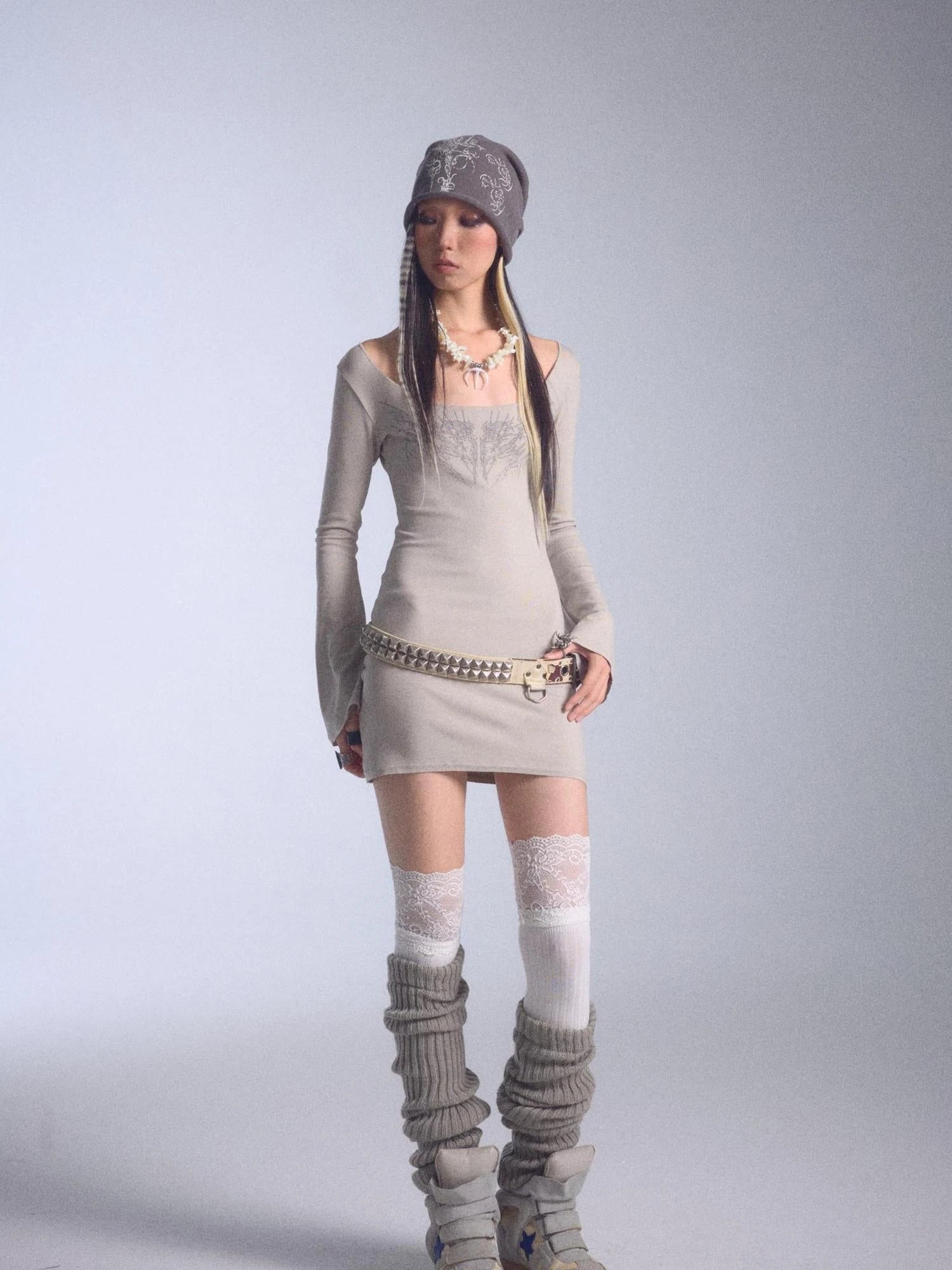 Tri Color Printed Knit Rolled Brim Slouchy Beanie