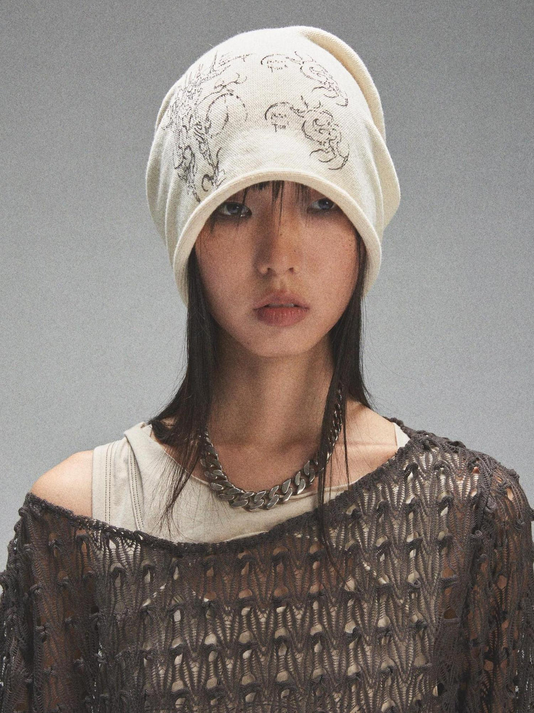 NONAME SPACE Tri Color Printed Knit Rolled Brim Slouchy Beanie
