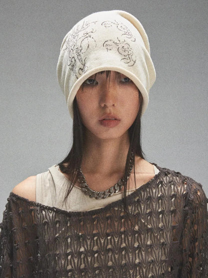 Tri Color Printed Knit Rolled Brim Slouchy Beanie