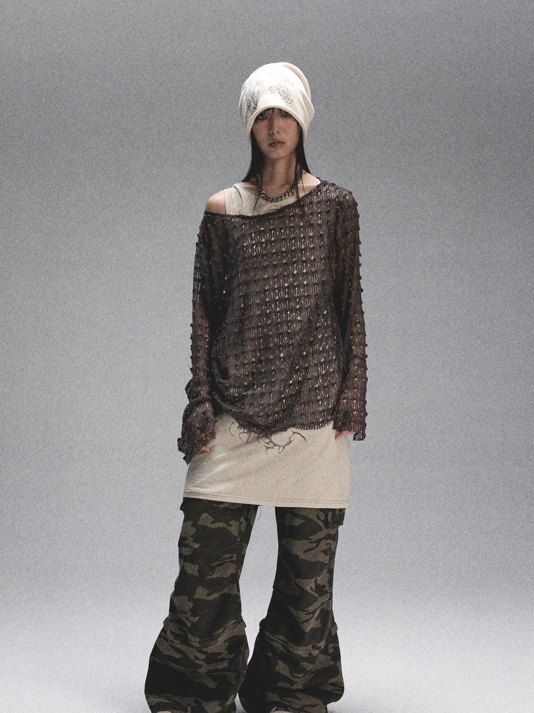 Tri Color Printed Knit Rolled Brim Slouchy Beanie