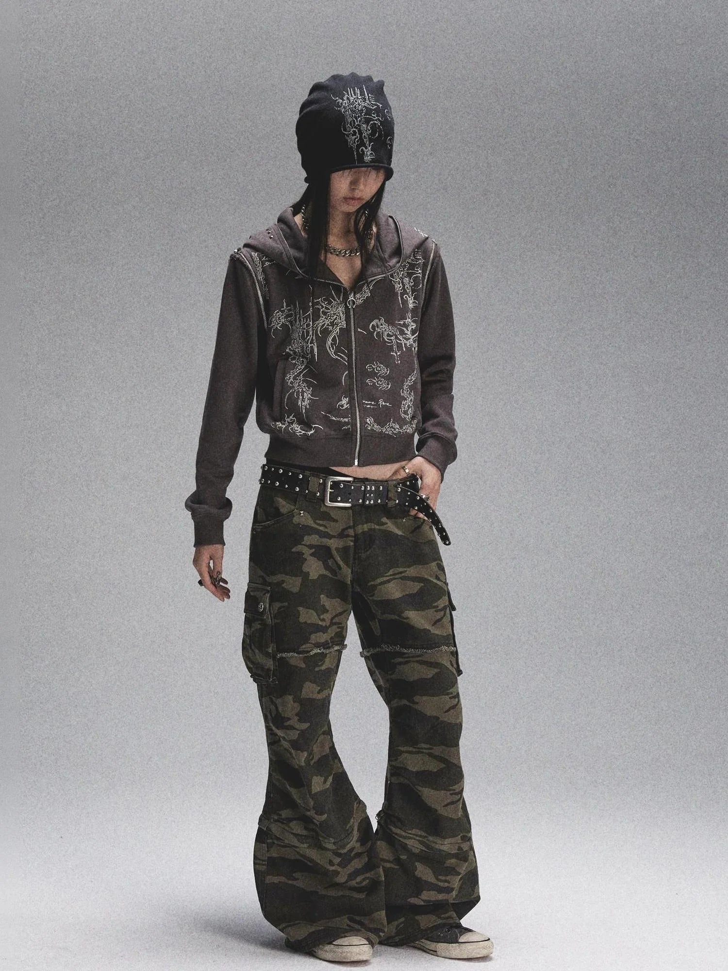 Tri Color Printed Knit Rolled Brim Slouchy Beanie