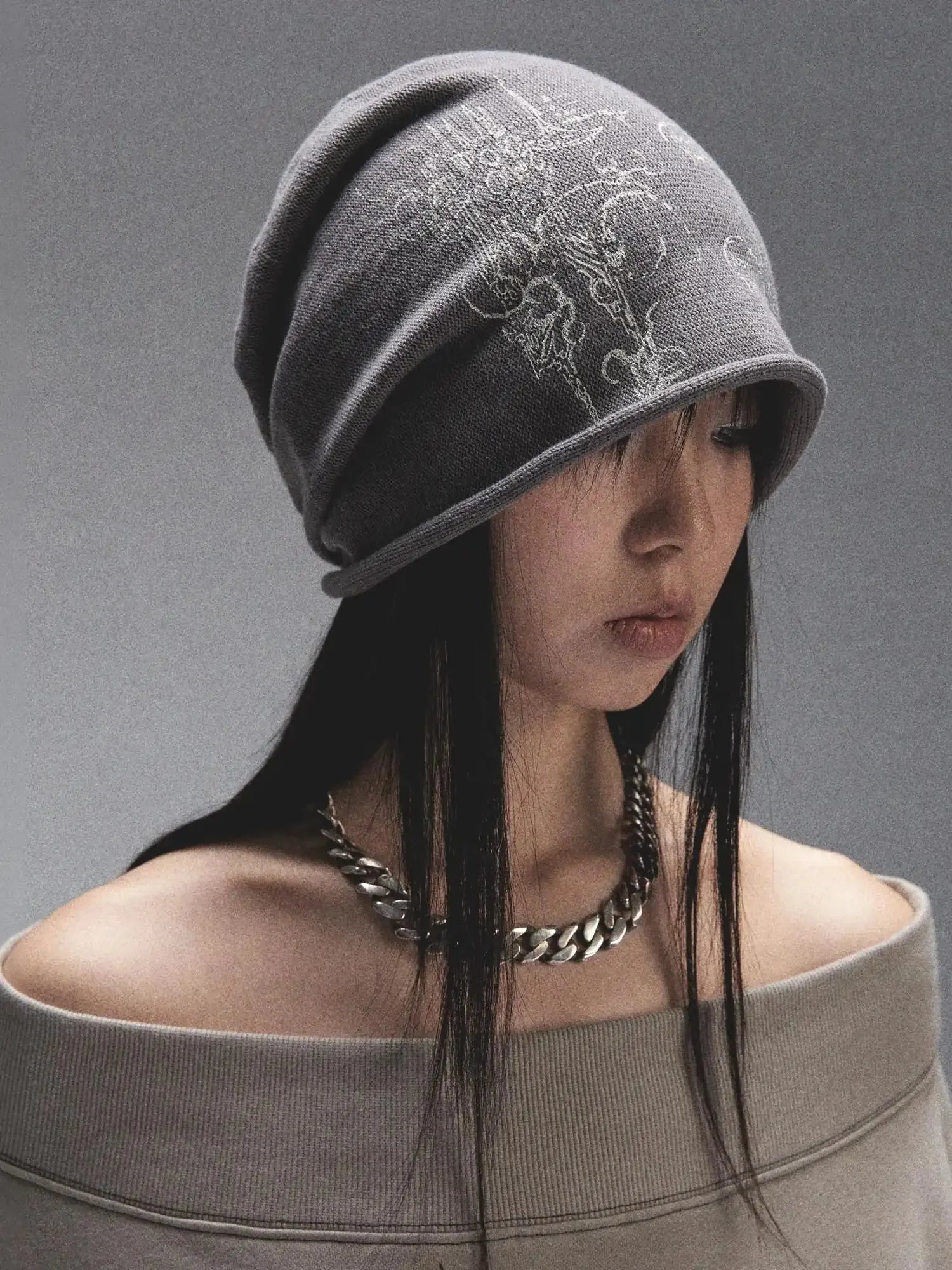 Tri Color Printed Knit Rolled Brim Slouchy Beanie