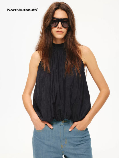 Tricolor Textured Puff Tie Neck Women&