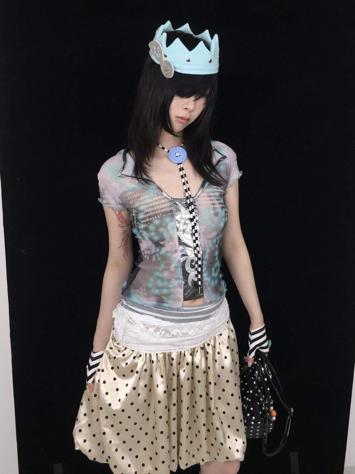 Ttsunami Black White Fine Striped Blue Button Original Design Women&