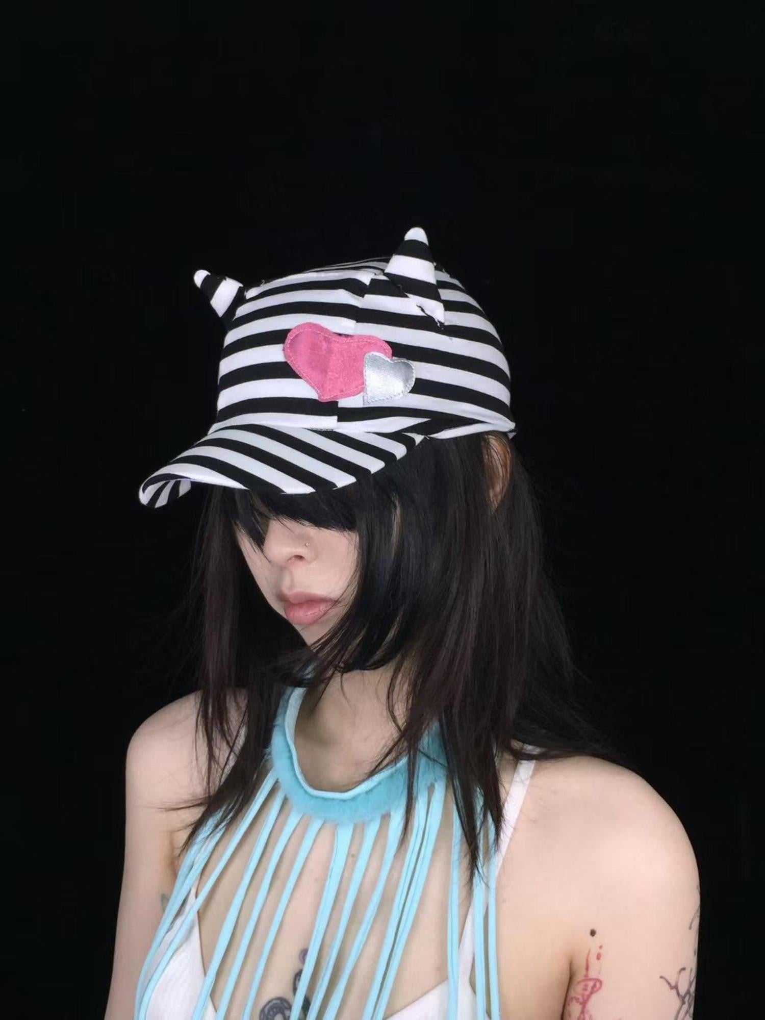 Ttsunami Black White Striped Embroidered Devil Horn Cat Ear Women&