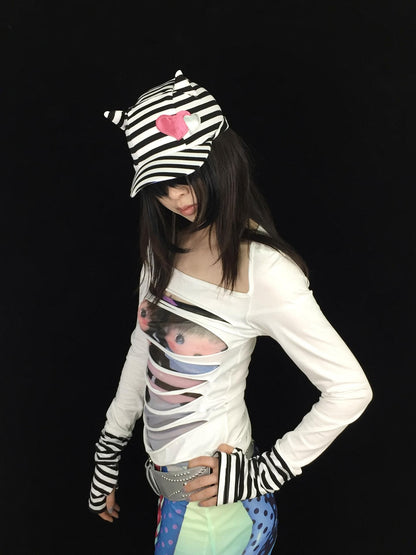 Ttsunami Black White Striped Embroidered Devil Horn Cat Ear Women&