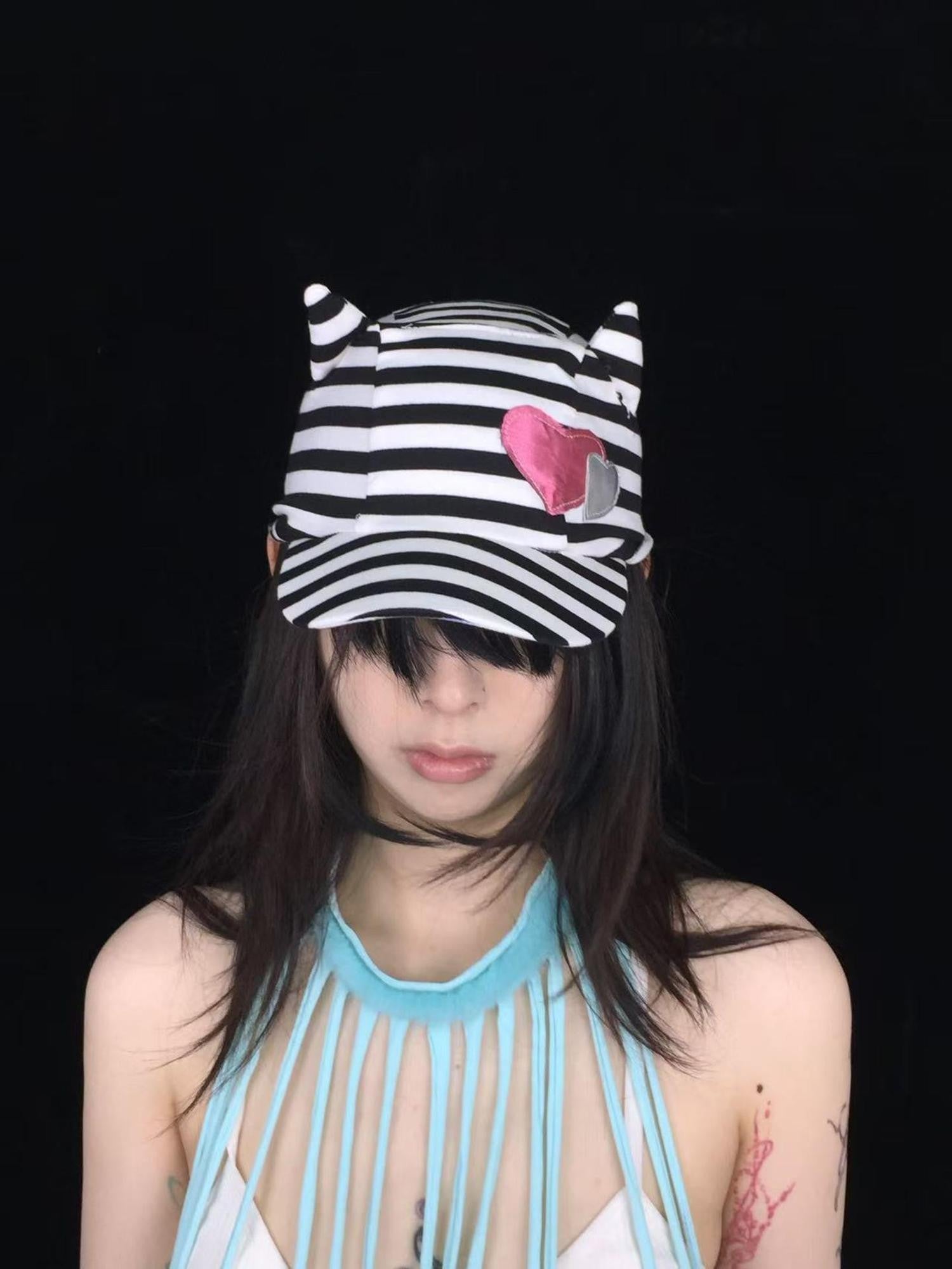 Ttsunami Black White Striped Embroidered Devil Horn Cat Ear Women&