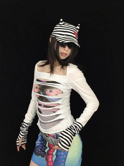 Ttsunami Black White Striped Embroidered Devil Horn Cat Ear Women&
