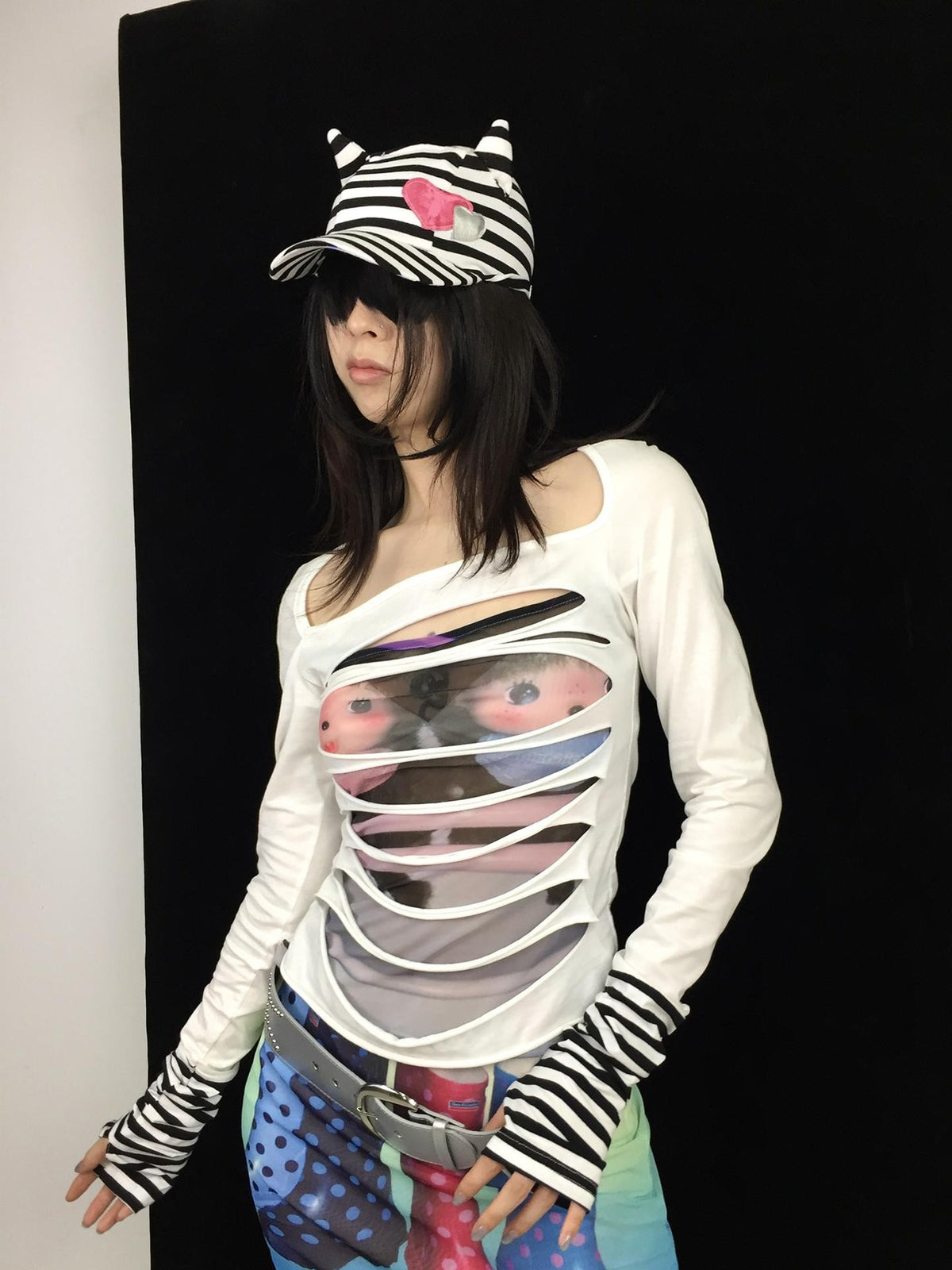 Ttsunami Black White Striped Embroidered Devil Horn Cat Ear Women&