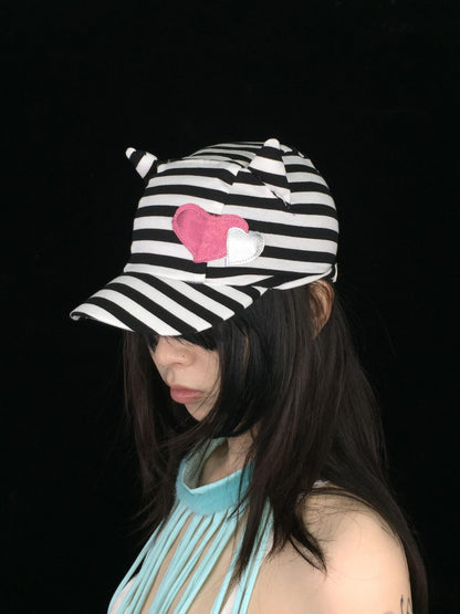 Ttsunami Black White Striped Embroidered Devil Horn Cat Ear Women&