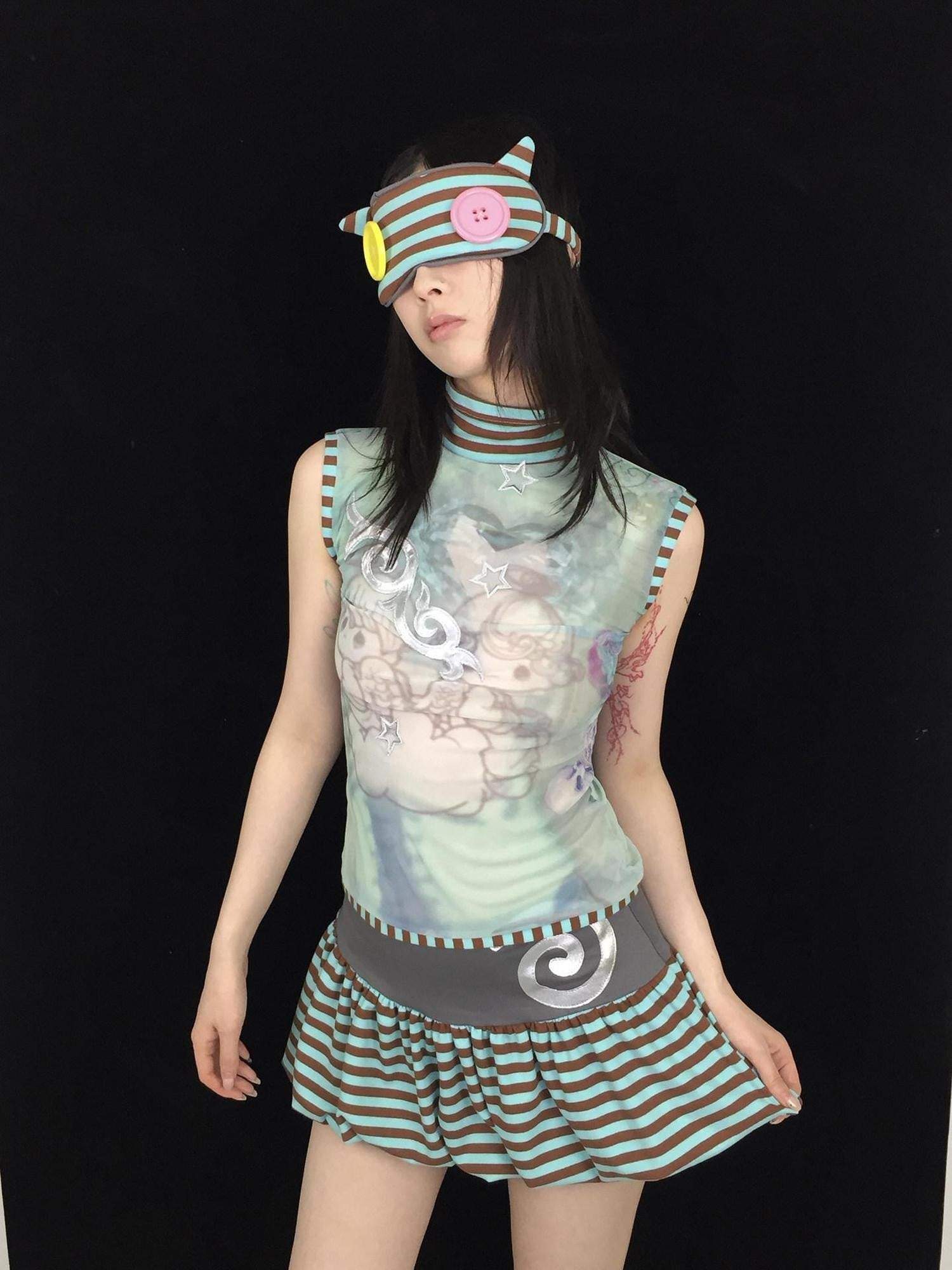 Ttsunami Blue Green Striped Mesh Print Half High Neck Women&
