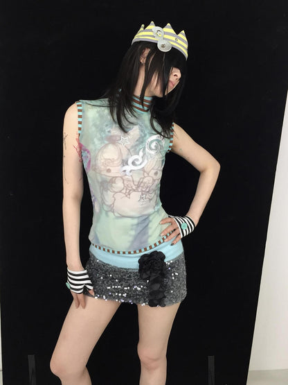 Ttsunami Blue Green Striped Mesh Print Half High Neck Women&