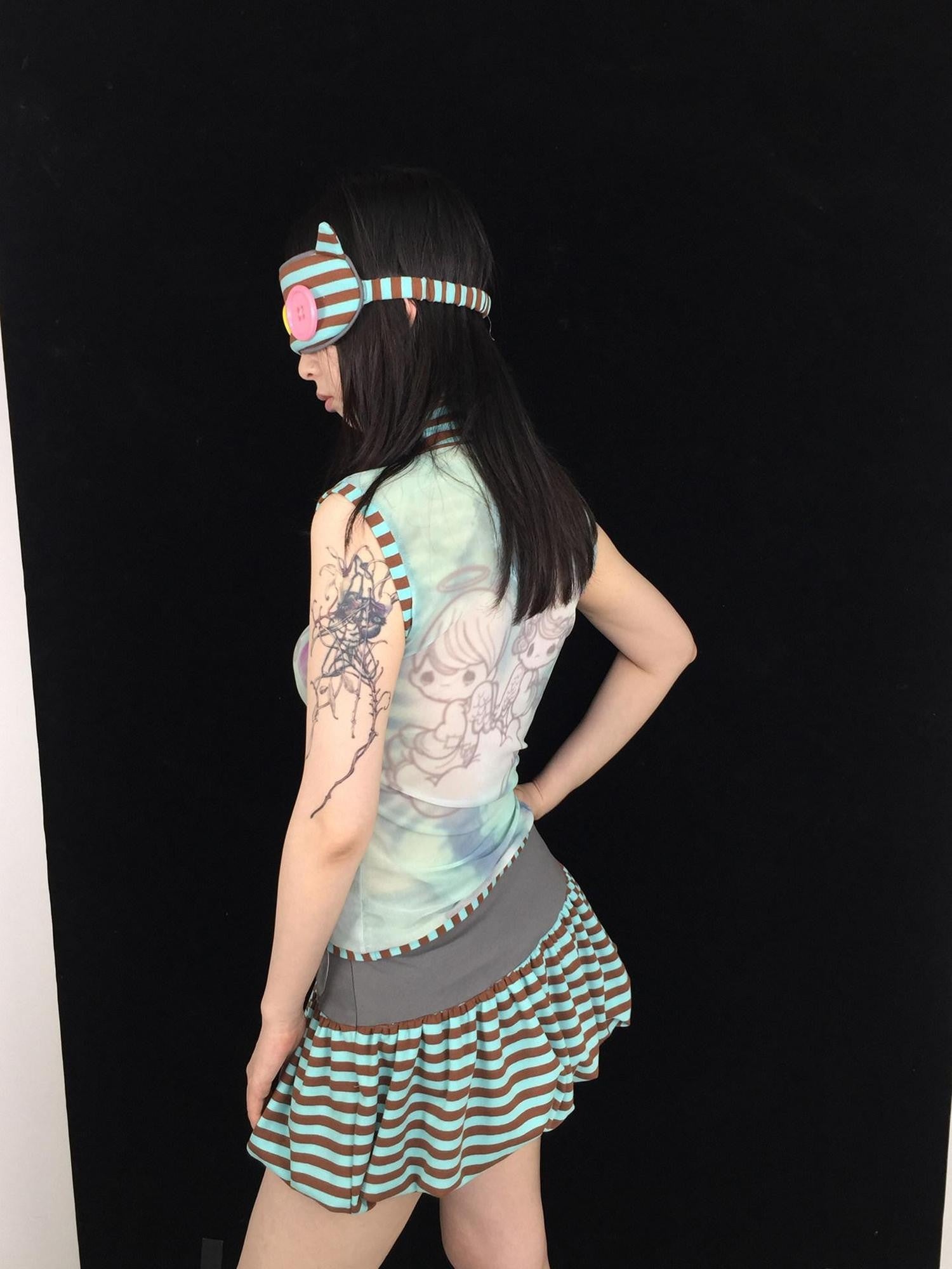 Ttsunami Blue Green Striped Mesh Print Half High Neck Women&