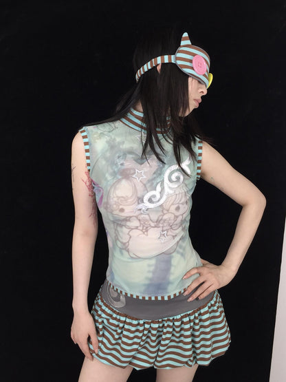 Ttsunami Blue Green Striped Mesh Print Half High Neck Women&