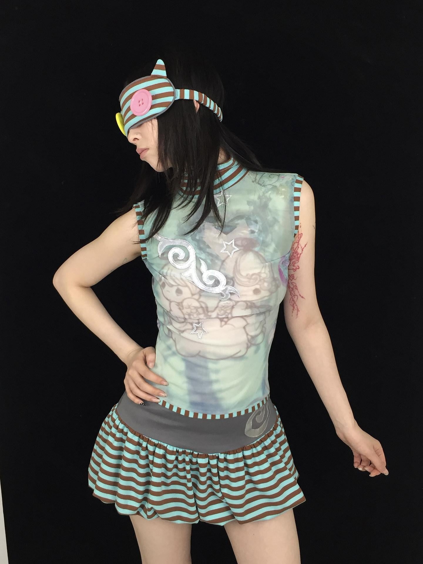 Ttsunami Blue Green Striped Mesh Print Half High Neck Women&