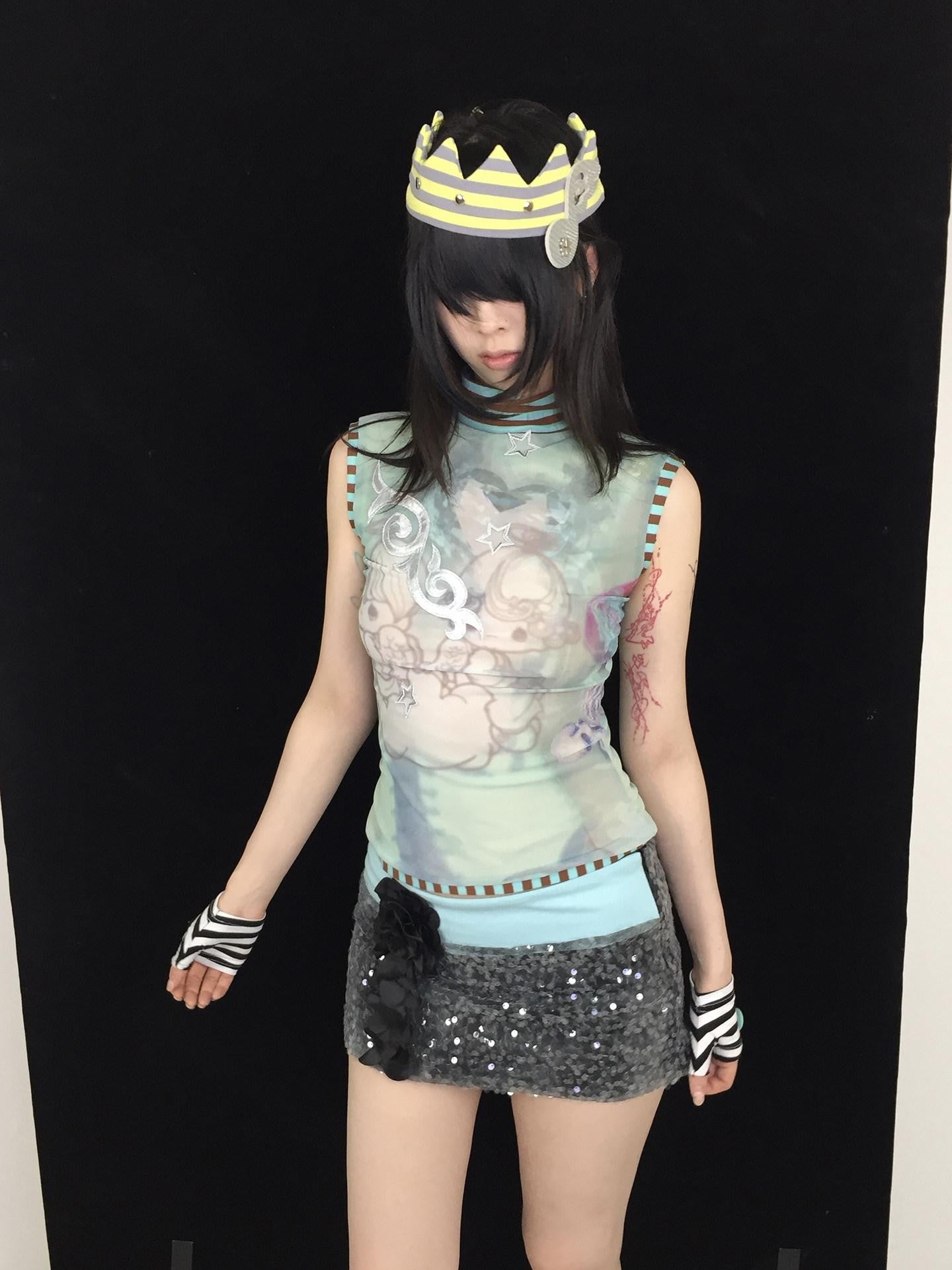 Ttsunami Blue Green Striped Mesh Print Half High Neck Women&