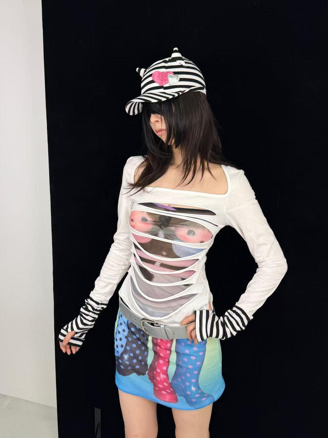 Ttsunami Cartoon Print Sheer Mesh Cutout Hollow Panel Women&