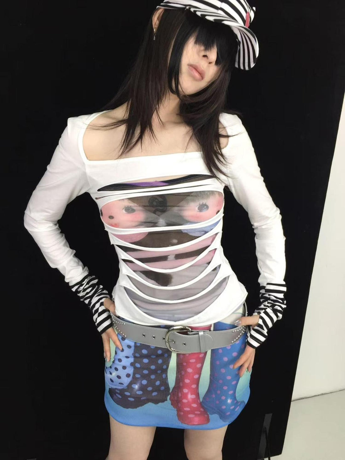 Ttsunami Cartoon Print Sheer Mesh Cutout Hollow Panel Women&