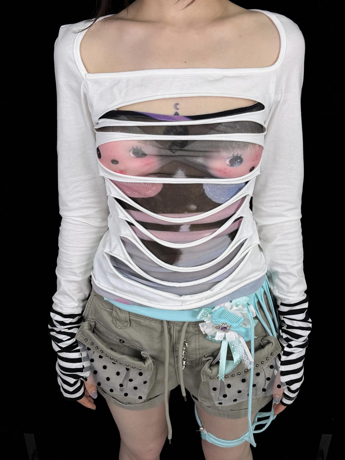Ttsunami Cartoon Print Sheer Mesh Cutout Hollow Panel Women&