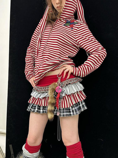 Ttsunami Cute Pink Patchwork Pleated Mid Waist Aline Women&