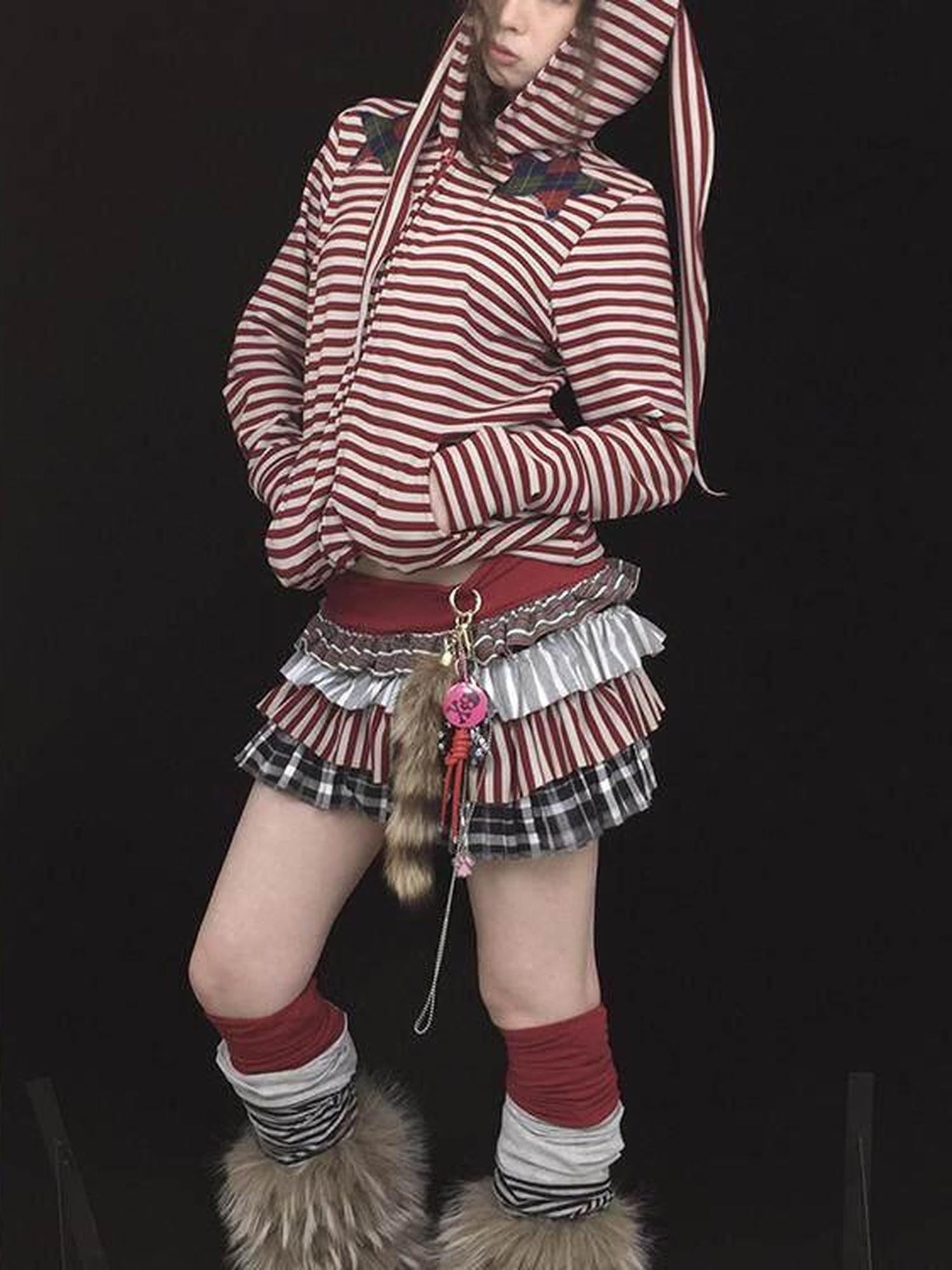 Ttsunami Cute Pink Patchwork Pleated Mid Waist Aline Women&