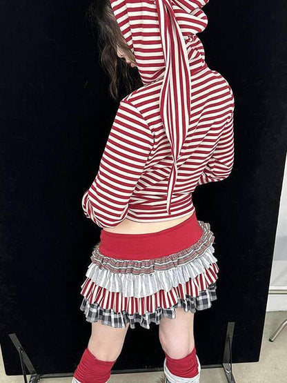 Ttsunami Cute Pink Patchwork Pleated Mid Waist Aline Women&