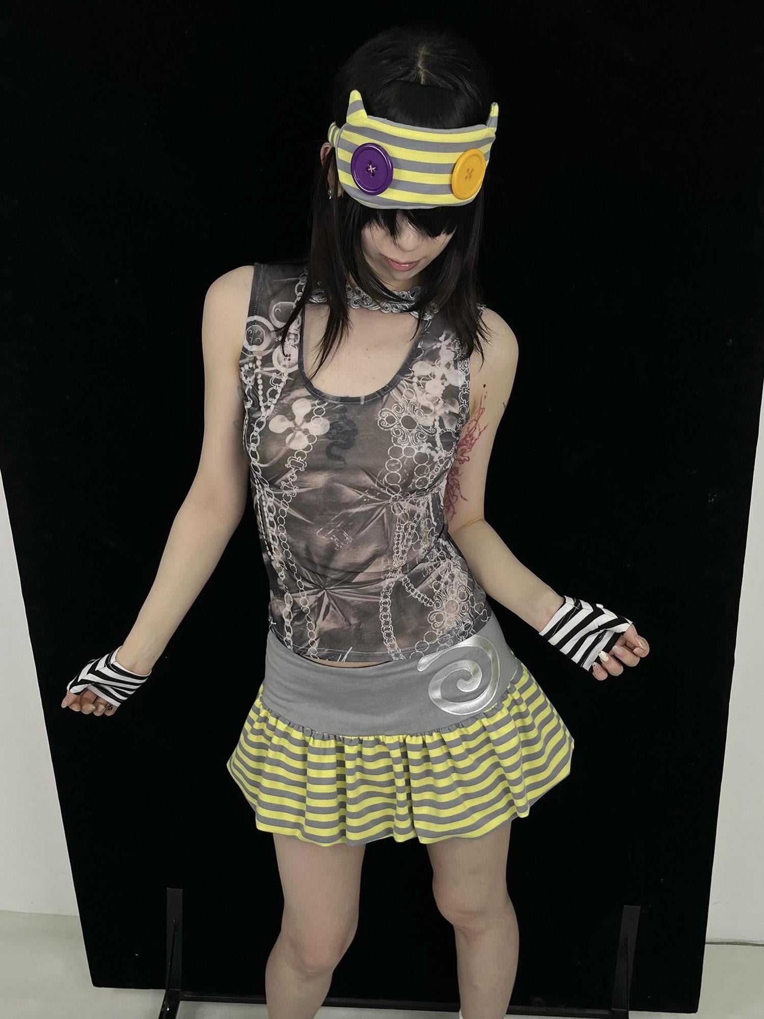 Ttsunami Distressed Striped Chain Irregular Print Mesh U Neck Women&