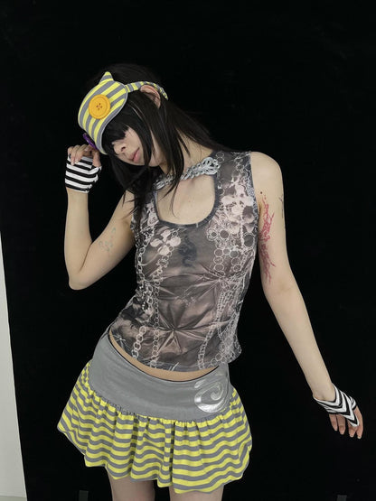 Ttsunami Distressed Striped Chain Irregular Print Mesh U Neck Women&