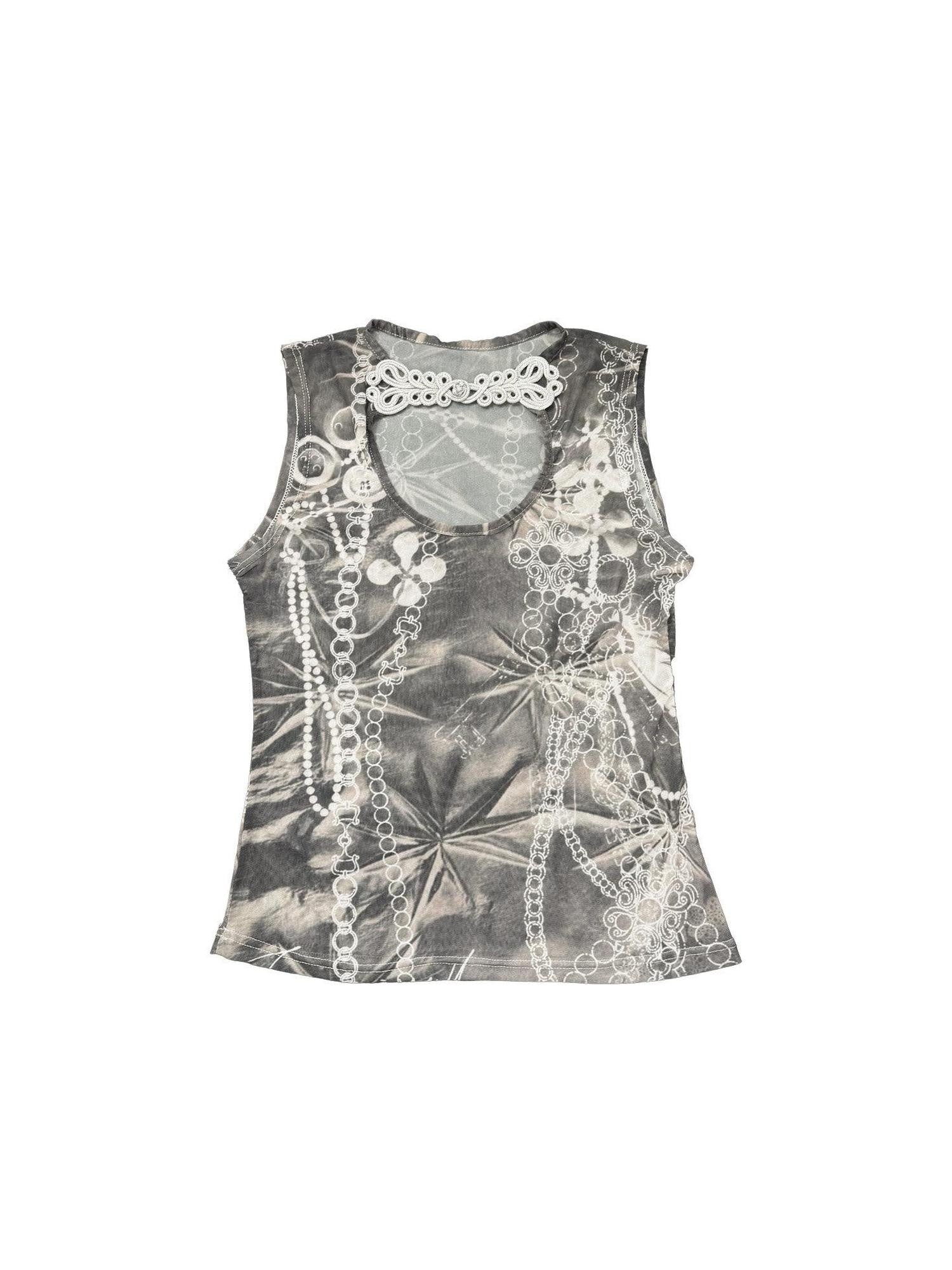 Ttsunami Distressed Striped Chain Irregular Print Mesh U Neck Women&