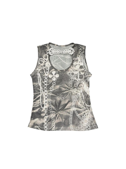Ttsunami Distressed Striped Chain Irregular Print Mesh U Neck Women&