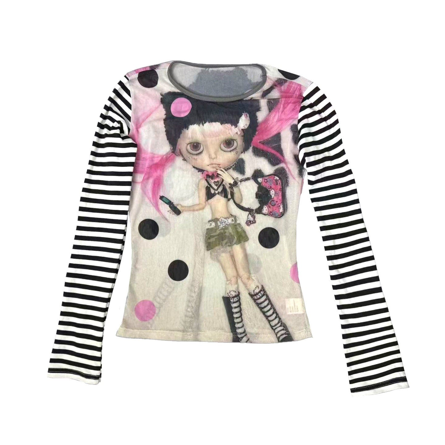 Ttsunami_Doll_Face_Mesh_Print_Letter_High_Neck_Slim_Women&