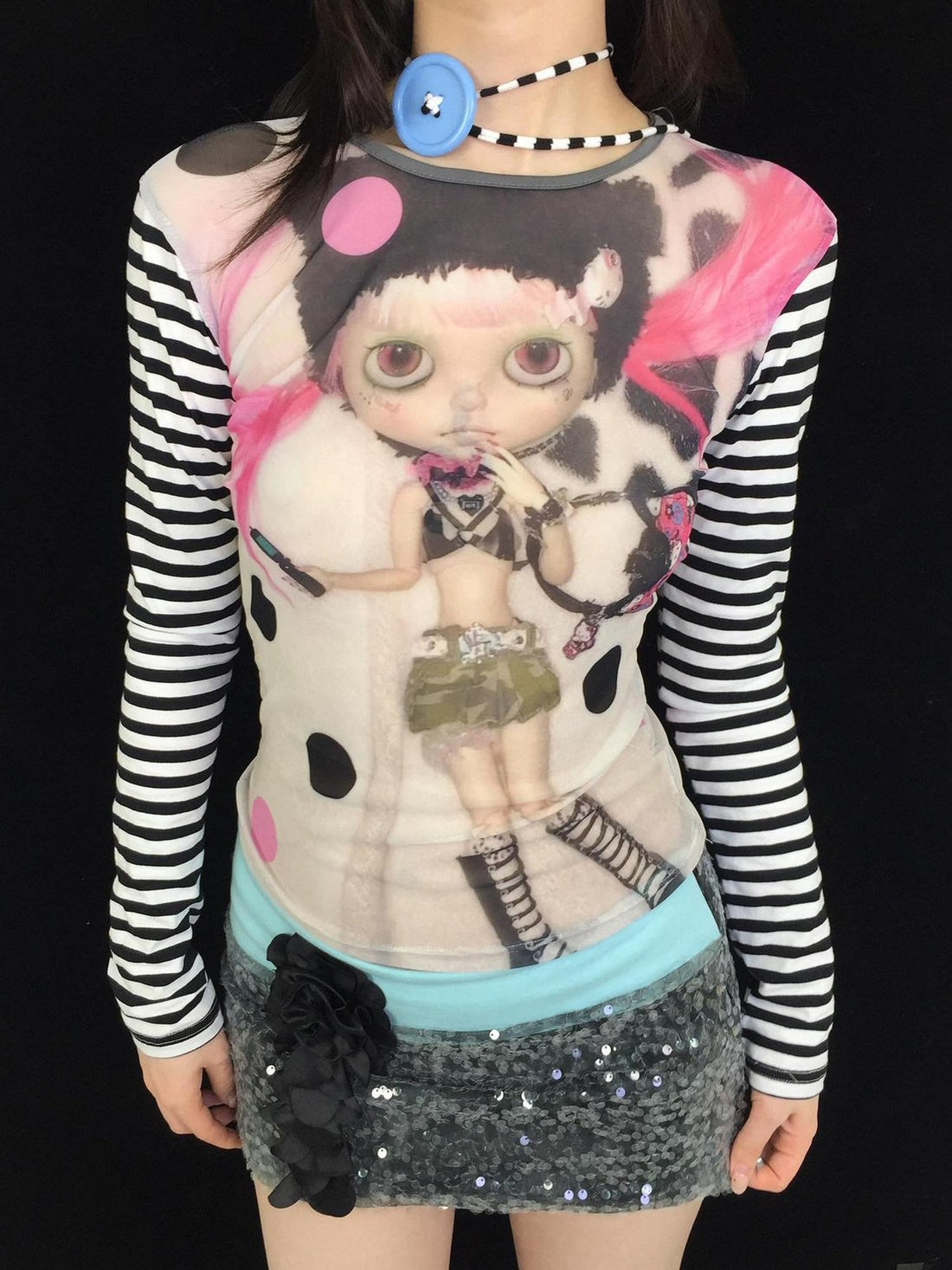 Ttsunami Doll Face Mesh Print Letter High Neck Slim Women&