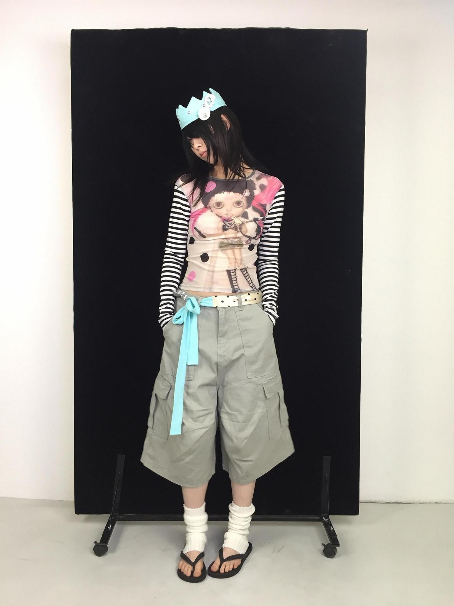 Ttsunami Doll Face Mesh Print Letter High Neck Slim Women&