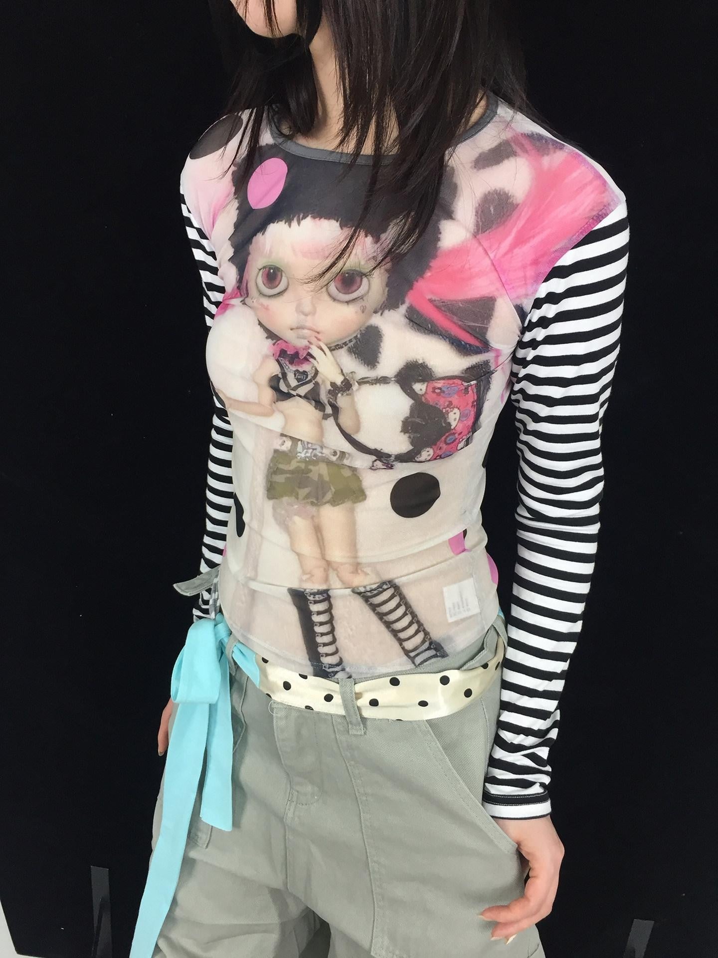 Ttsunami Doll Face Mesh Print Letter High Neck Slim Women&