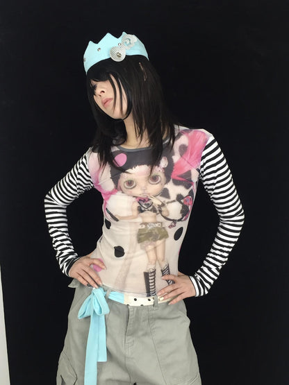 Ttsunami Doll Face Mesh Print Letter High Neck Slim Women&
