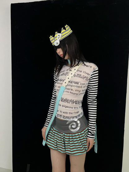 Ttsunami Doll Face Mesh Print Letter High Neck Slim Women&