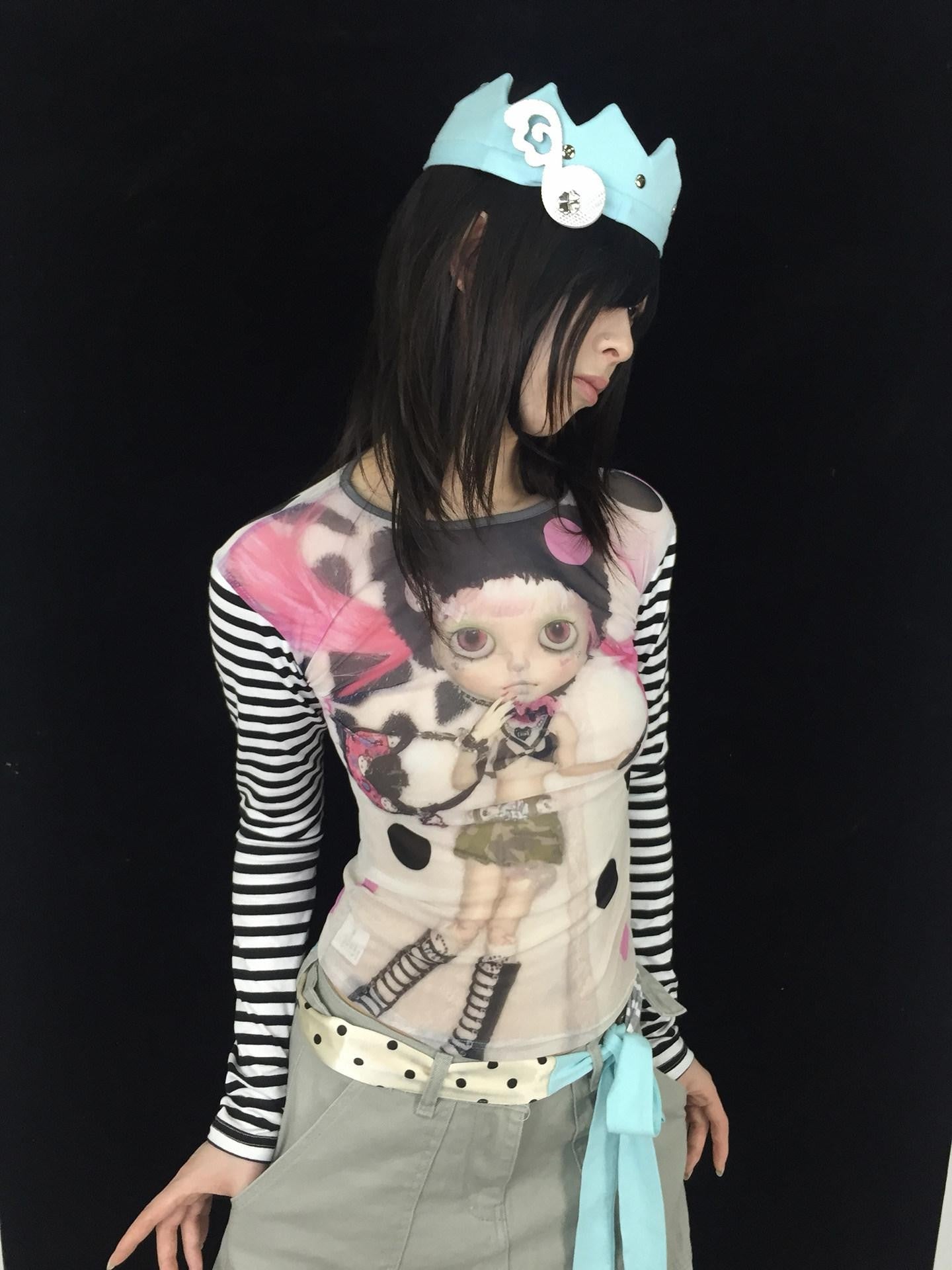 Ttsunami Doll Face Mesh Print Letter High Neck Slim Women&